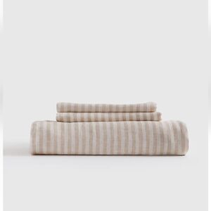 Quince European Linen Striped Tan 3 Piece Sheet Set NEW